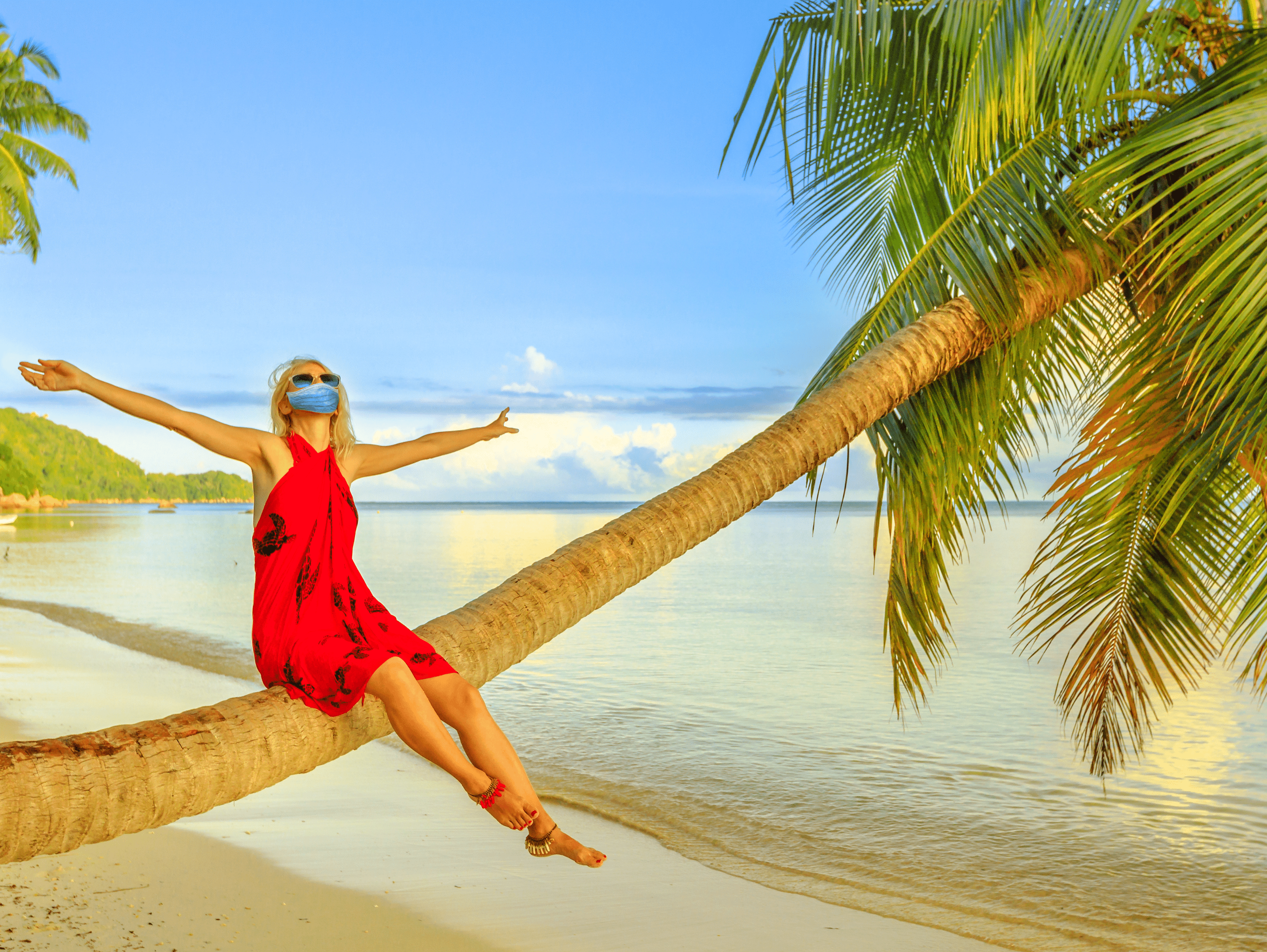 Woman sitting on palm tree located on the beach.